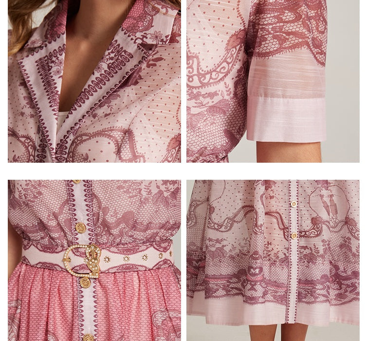 CM-DY033314 Women Elegant European Style Suit Collar Short Sleeve Belted Mid-Length Dress - Pink