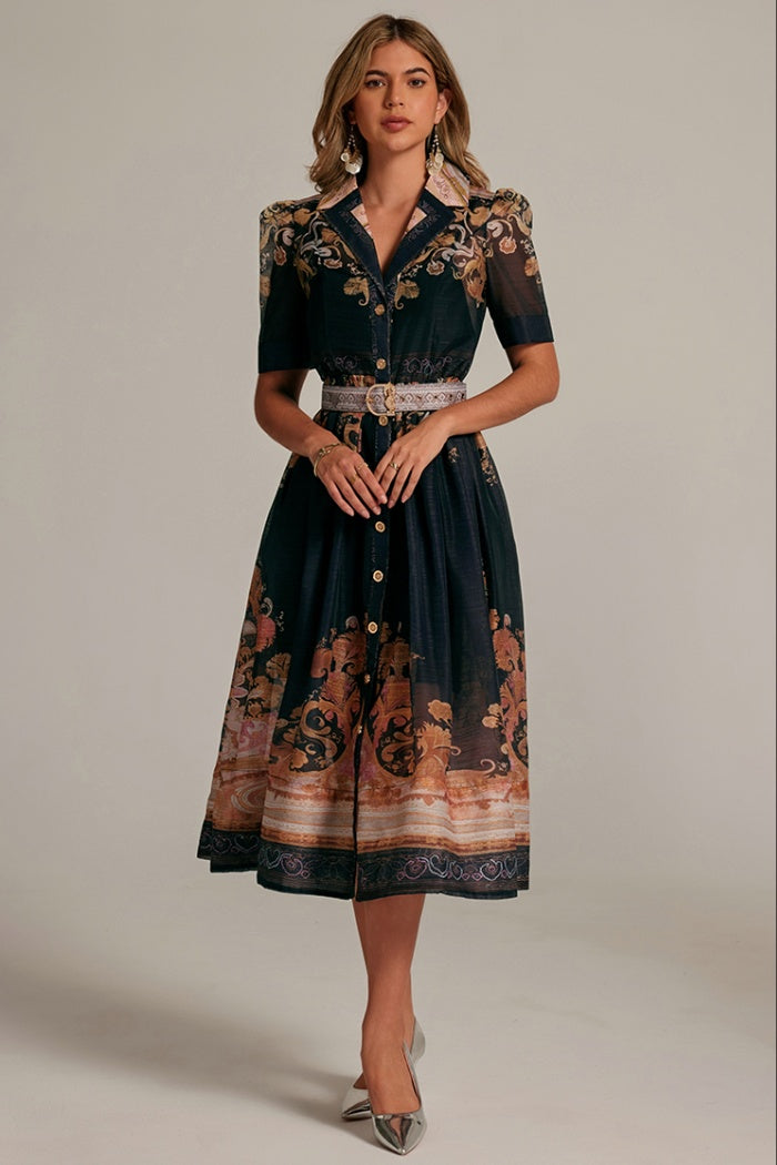 CM-DY033315 Women Elegant European Style Lapel Neckline Half Sleeve Mid-Length Dress - Black