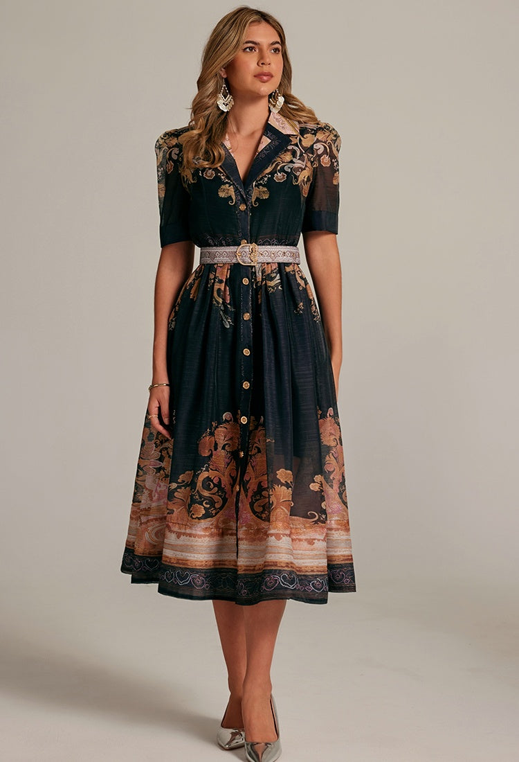 CM-DY033315 Women Elegant European Style Lapel Neckline Half Sleeve Mid-Length Dress - Black