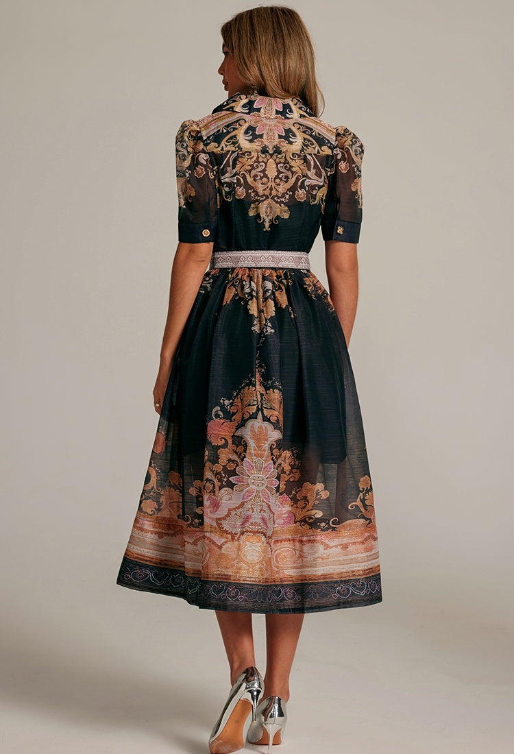 CM-DY033315 Women Elegant European Style Lapel Neckline Half Sleeve Mid-Length Dress - Black