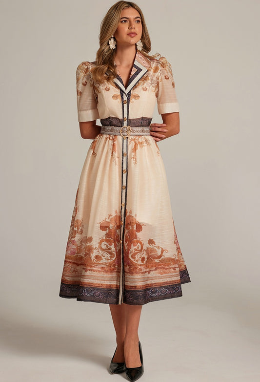 CM-DY033315 Women Elegant European Style Lapel Neckline Half Sleeve Mid-Length Dress - Apricot