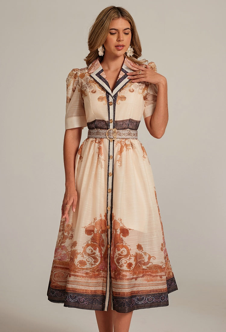 CM-DY033315 Women Elegant European Style Lapel Neckline Half Sleeve Mid-Length Dress - Apricot
