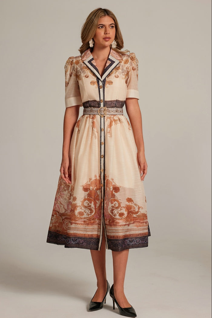 CM-DY033315 Women Elegant European Style Lapel Neckline Half Sleeve Mid-Length Dress - Apricot