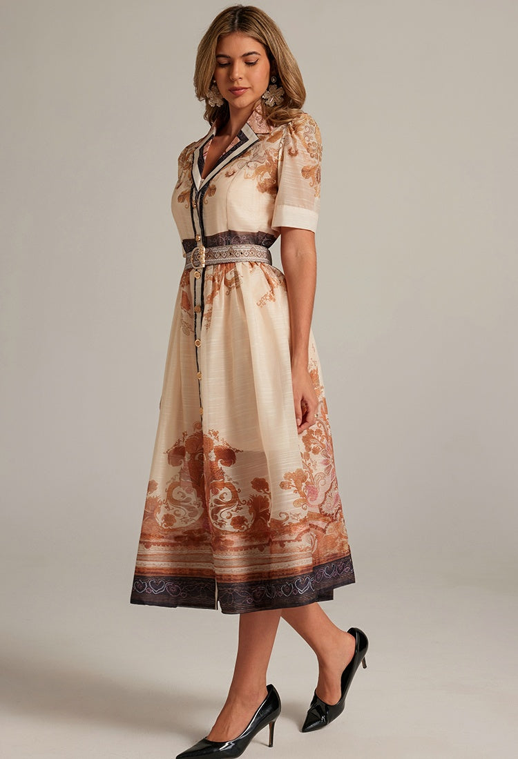 CM-DY033315 Women Elegant European Style Lapel Neckline Half Sleeve Mid-Length Dress - Apricot