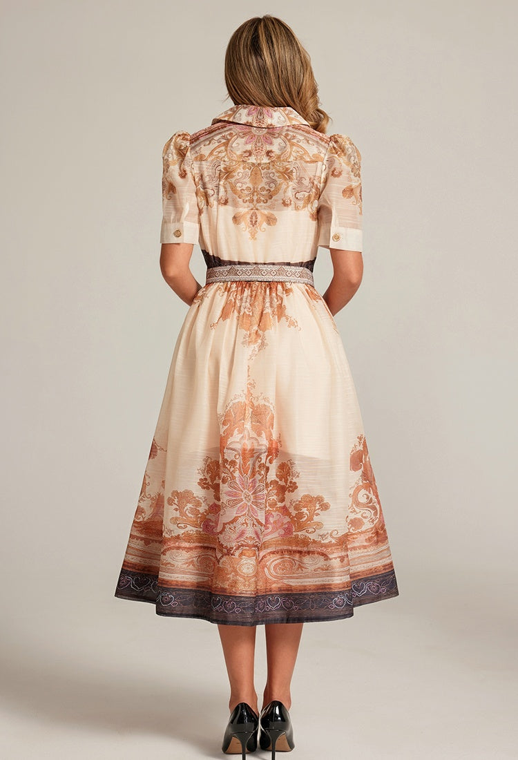 CM-DY033315 Women Elegant European Style Lapel Neckline Half Sleeve Mid-Length Dress - Apricot