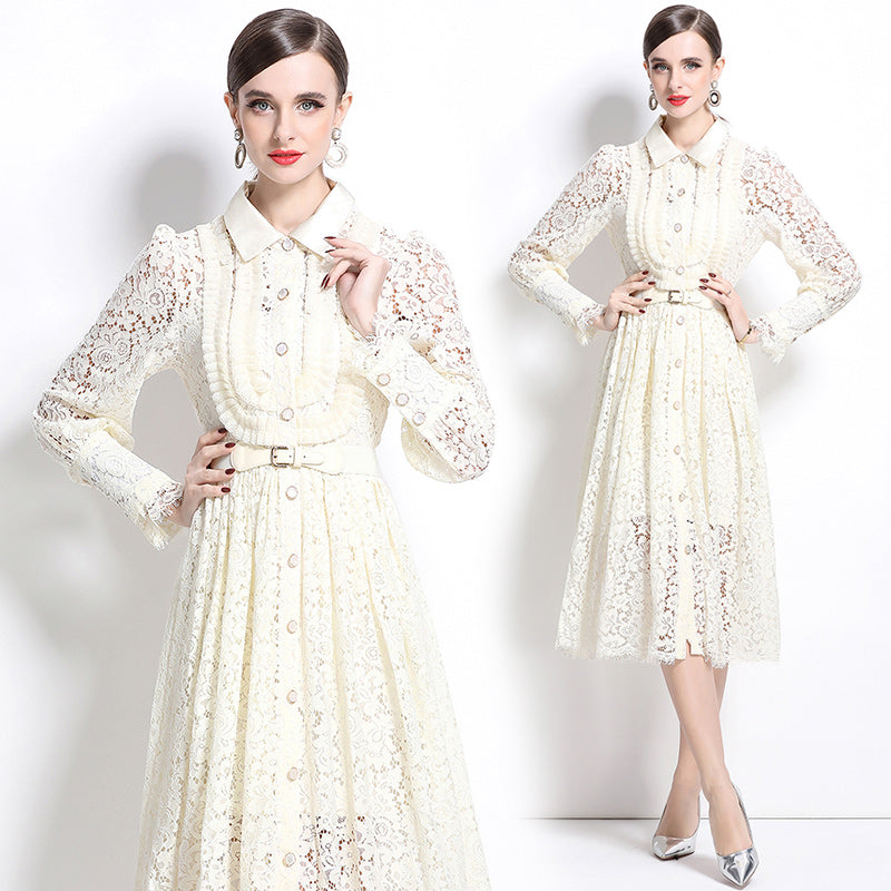 CM-DY033317 Women Elegant European Style Lace Collar Neckline Long Sleeve Midi Dress - Apricot
