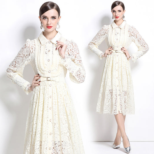 CM-DY033317 Women Elegant European Style Lace Collar Neckline Long Sleeve Midi Dress - Apricot