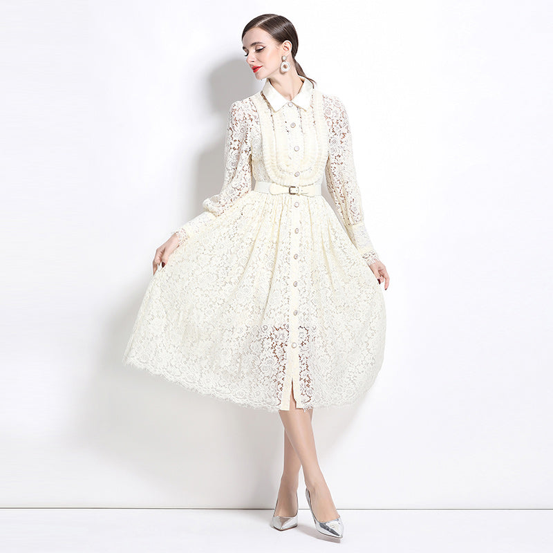 CM-DY033317 Women Elegant European Style Lace Collar Neckline Long Sleeve Midi Dress - Apricot