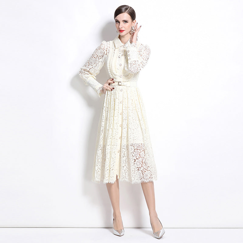 CM-DY033317 Women Elegant European Style Lace Collar Neckline Long Sleeve Midi Dress - Apricot