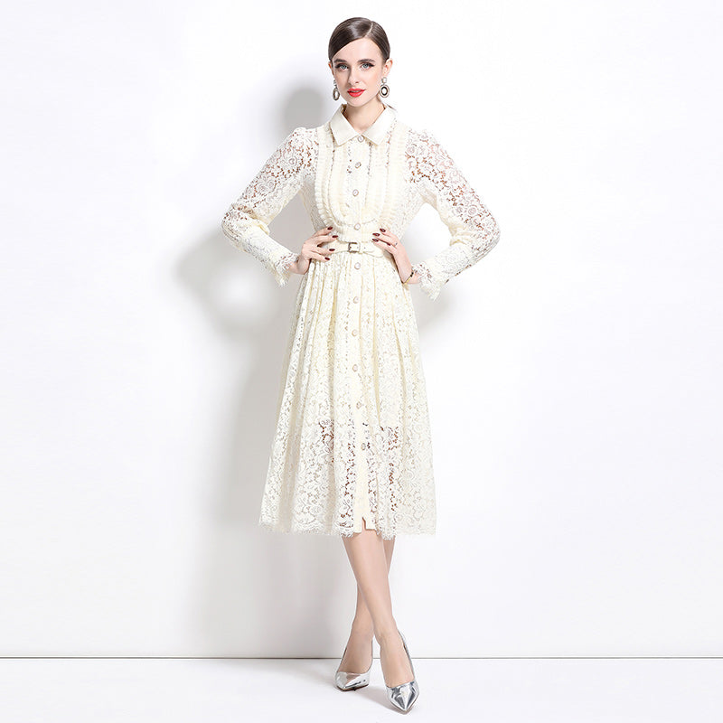 CM-DY033317 Women Elegant European Style Lace Collar Neckline Long Sleeve Midi Dress - Apricot