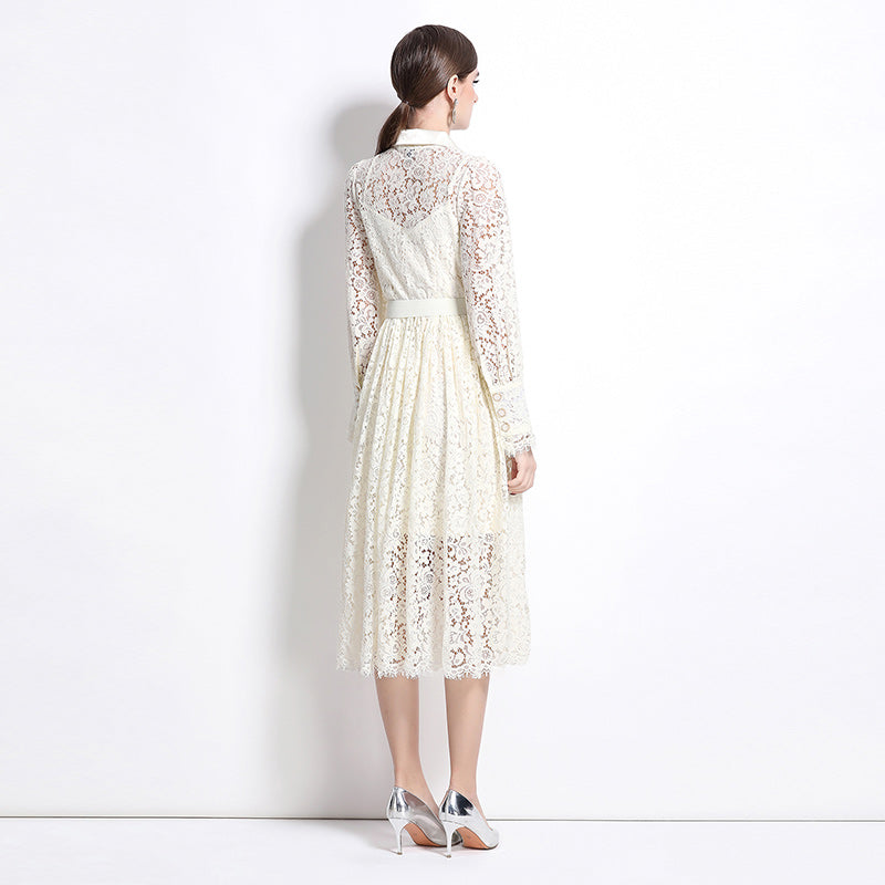 CM-DY033317 Women Elegant European Style Lace Collar Neckline Long Sleeve Midi Dress - Apricot