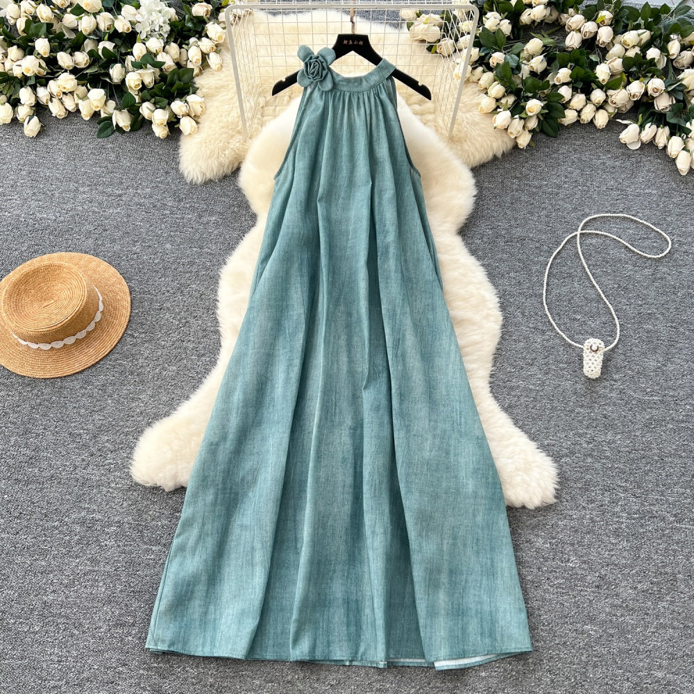 CM-DY033634 Women Elegant European Style Round Neck Floral Decor Sleeveless Maxi Dress
