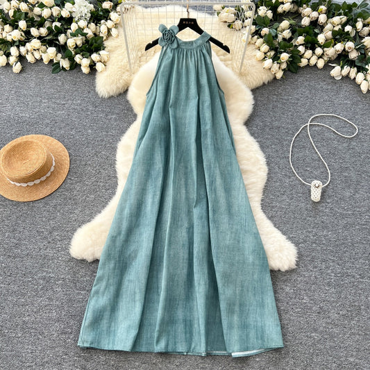 CM-DY033634 Women Elegant European Style Round Neck Floral Decor Sleeveless Maxi Dress