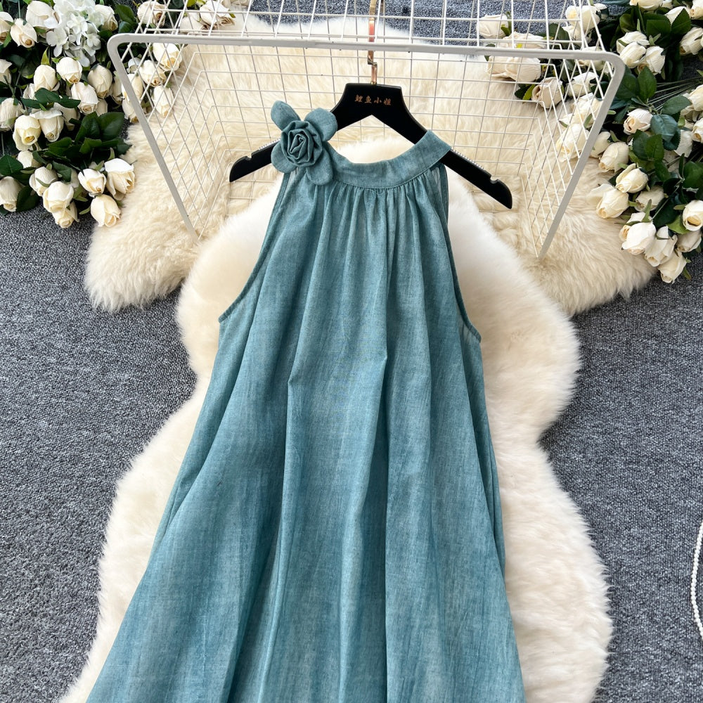 CM-DY033634 Women Elegant European Style Round Neck Floral Decor Sleeveless Maxi Dress