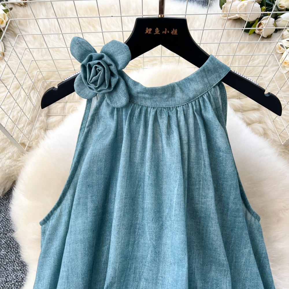 CM-DY033634 Women Elegant European Style Round Neck Floral Decor Sleeveless Maxi Dress
