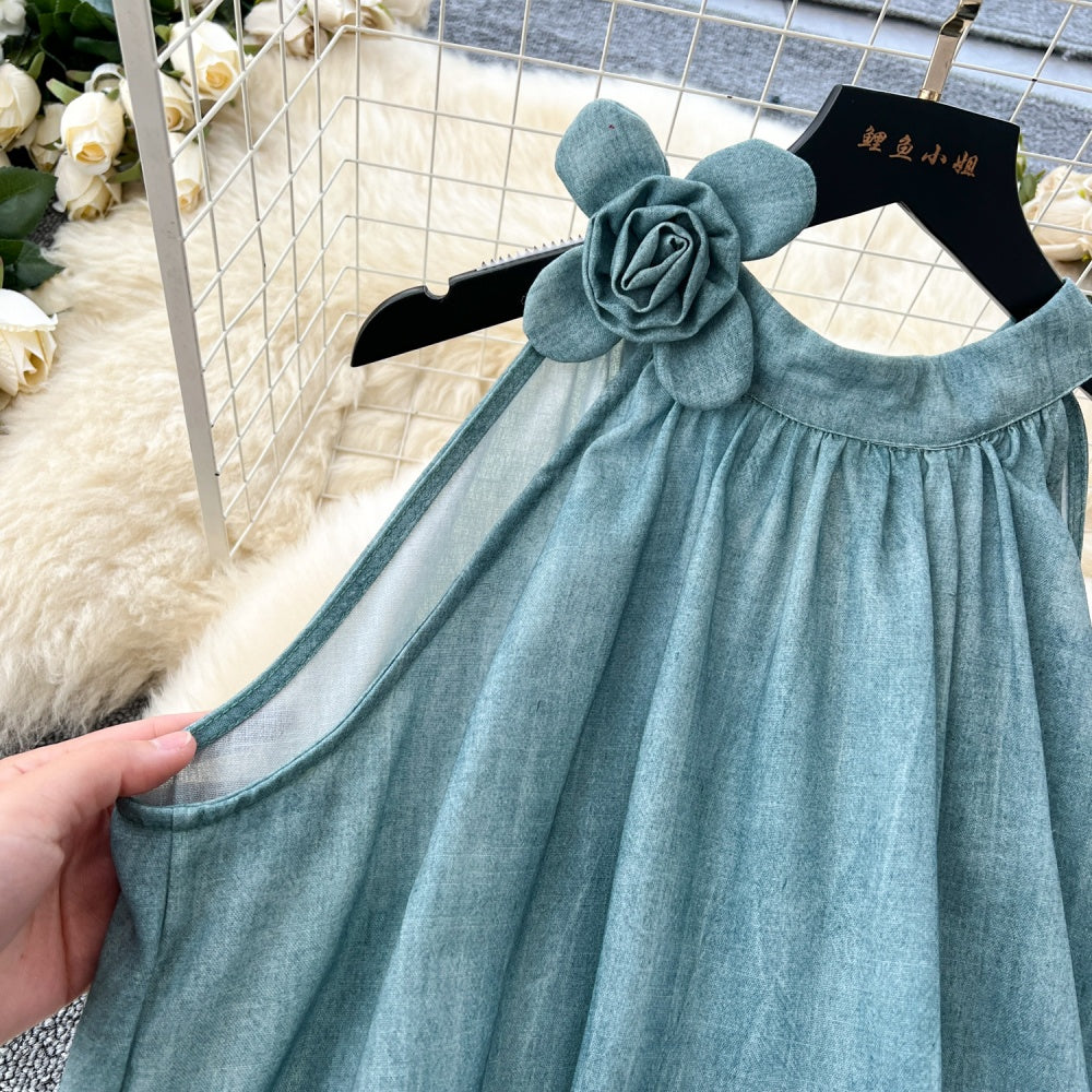 CM-DY033634 Women Elegant European Style Round Neck Floral Decor Sleeveless Maxi Dress