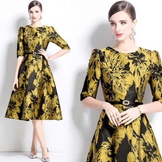 CM-DY033765 Women Elegant European Style Round Neck Short Sleeve Slim Mini Dress - Yellow