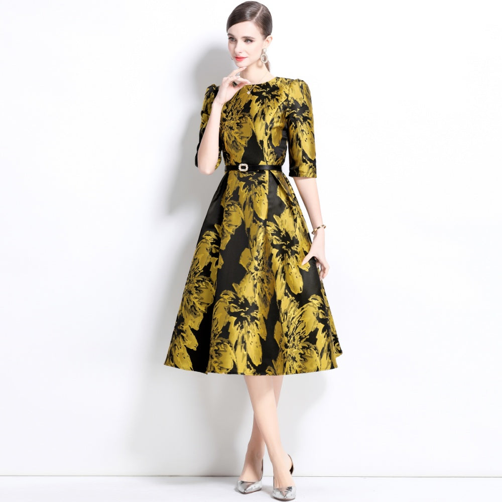 CM-DY033765 Women Elegant European Style Round Neck Short Sleeve Slim Mini Dress - Yellow