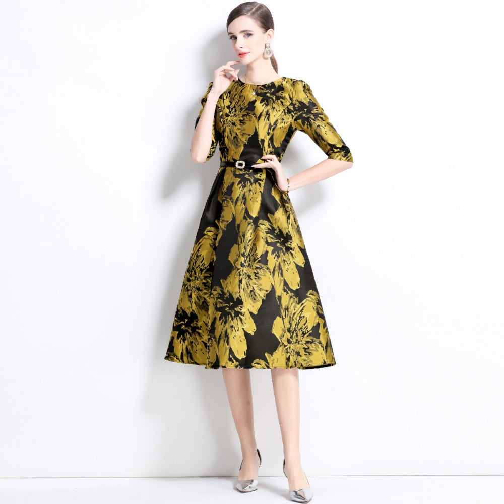 CM-DY033765 Women Elegant European Style Round Neck Short Sleeve Slim Mini Dress - Yellow