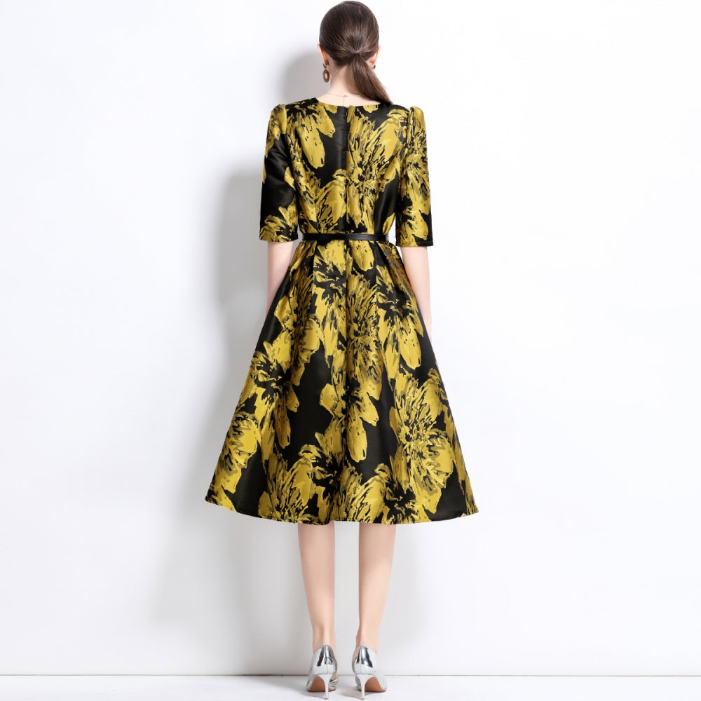 CM-DY033765 Women Elegant European Style Round Neck Short Sleeve Slim Mini Dress - Yellow