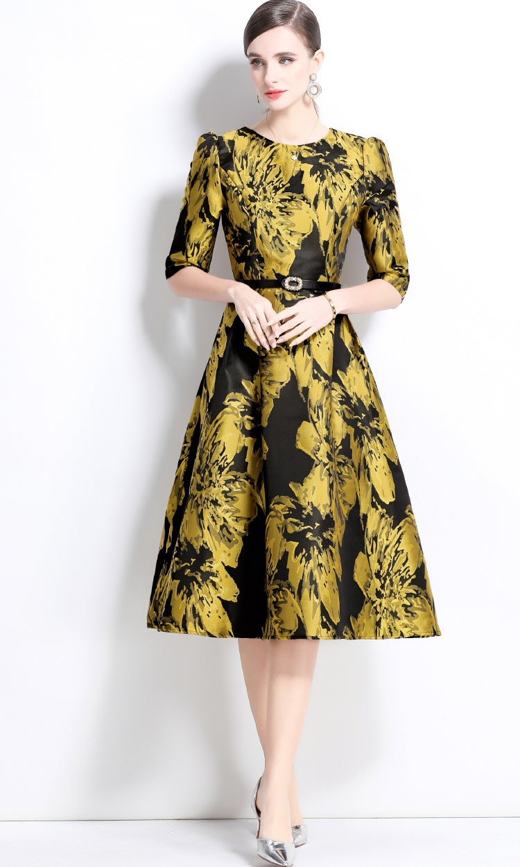 CM-DY033765 Women Elegant European Style Round Neck Short Sleeve Slim Mini Dress - Yellow