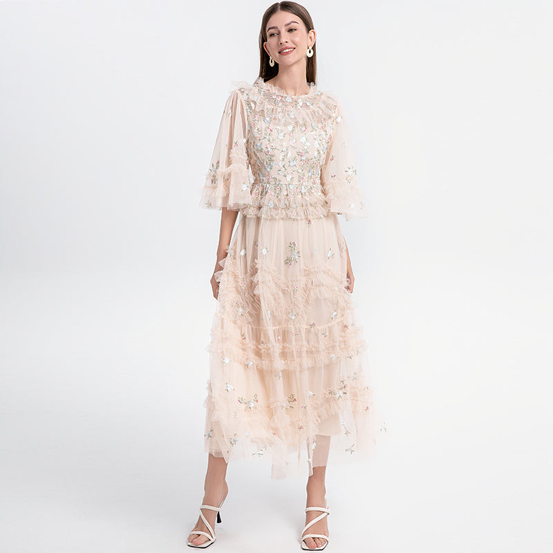 CM-DY033766 Women Elegant European Style Round Neck Half Sleeve Embroidery Dress - Apricot