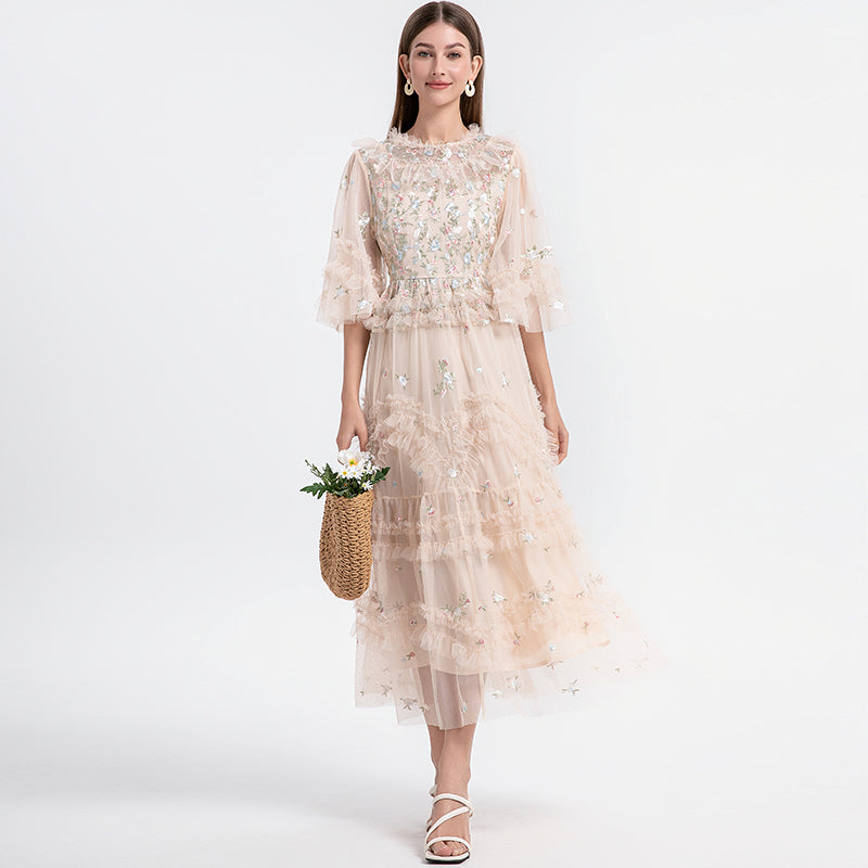 CM-DY033766 Women Elegant European Style Round Neck Half Sleeve Embroidery Dress - Apricot