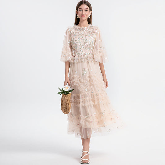 CM-DY033766 Women Elegant European Style Round Neck Half Sleeve Embroidery Dress - Apricot