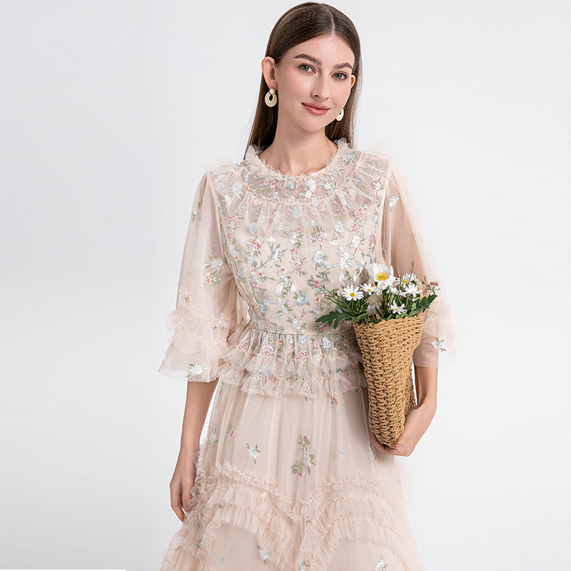 CM-DY033766 Women Elegant European Style Round Neck Half Sleeve Embroidery Dress - Apricot