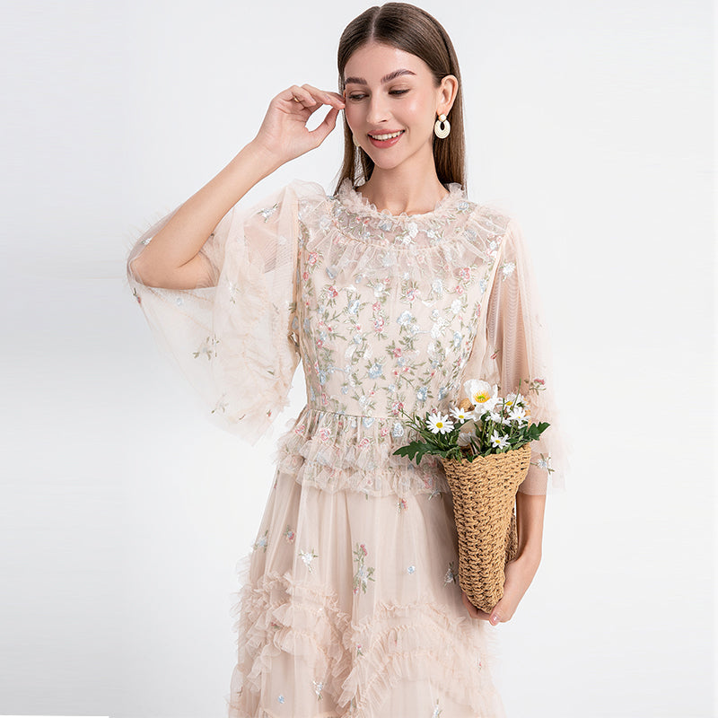 CM-DY033766 Women Elegant European Style Round Neck Half Sleeve Embroidery Dress - Apricot