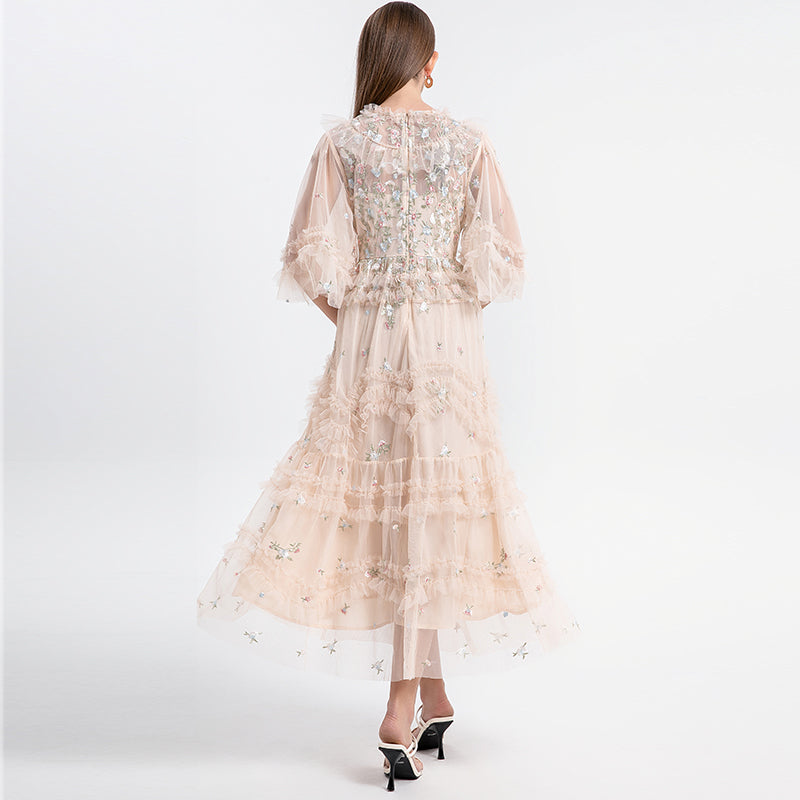 CM-DY033766 Women Elegant European Style Round Neck Half Sleeve Embroidery Dress - Apricot