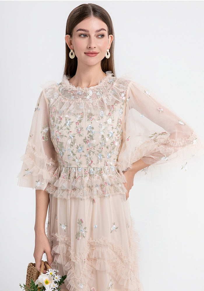 CM-DY033766 Women Elegant European Style Round Neck Half Sleeve Embroidery Dress - Apricot