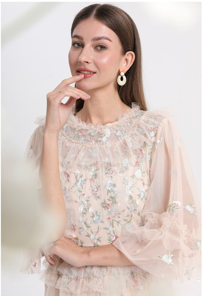 CM-DY033766 Women Elegant European Style Round Neck Half Sleeve Embroidery Dress - Apricot