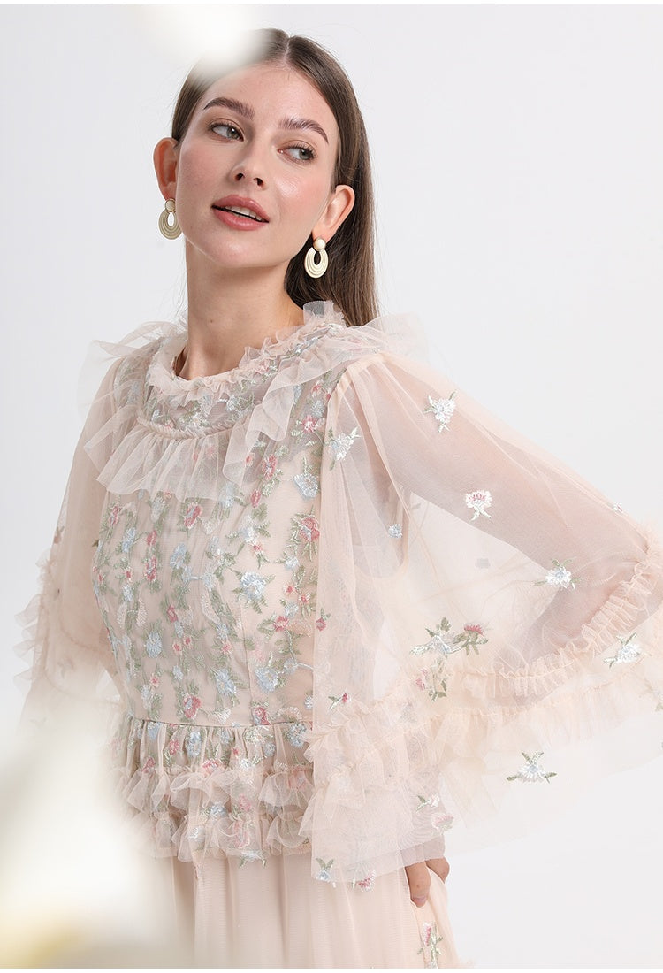 CM-DY033766 Women Elegant European Style Round Neck Half Sleeve Embroidery Dress - Apricot