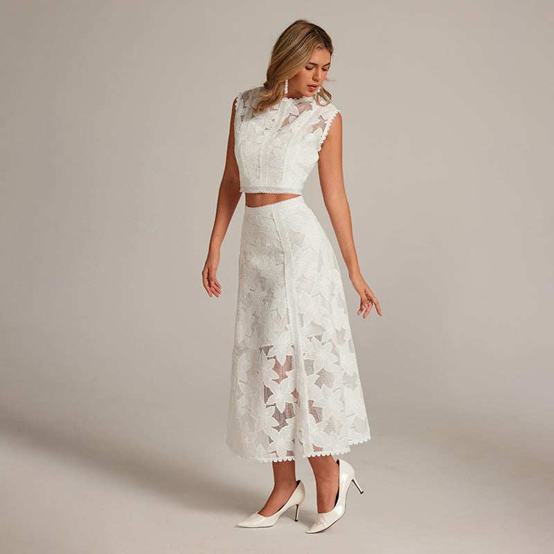 CM-SY034176 Women Elegant European Style Hollow Round Neck Sleeveless Blouse With High Waist Midi Skirt - Set