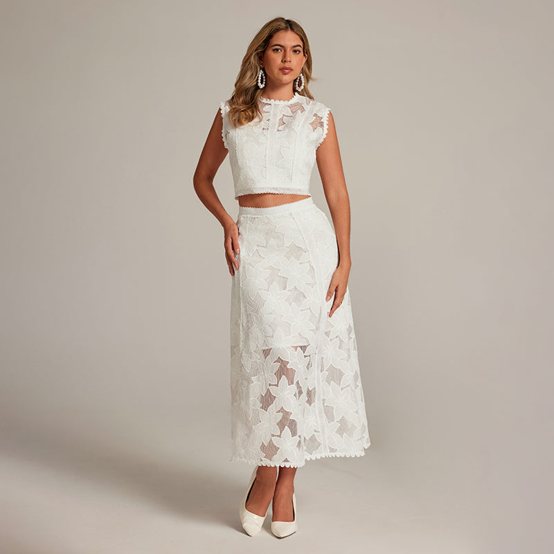 CM-SY034176 Women Elegant European Style Hollow Round Neck Sleeveless Blouse With High Waist Midi Skirt - Set