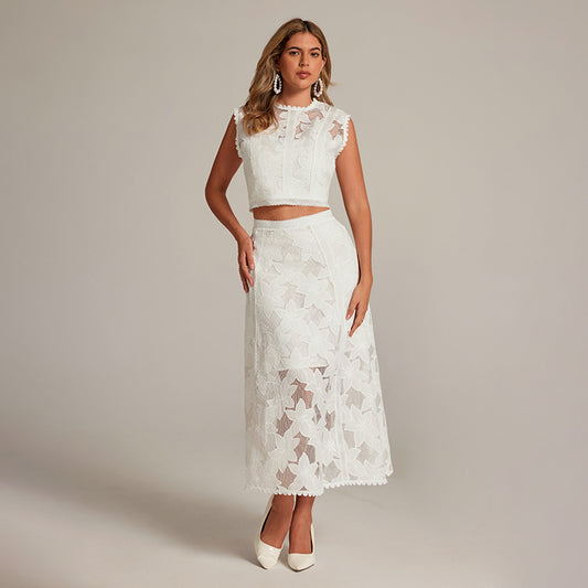 CM-SY034176 Women Elegant European Style Hollow Round Neck Sleeveless Blouse With High Waist Midi Skirt - Set