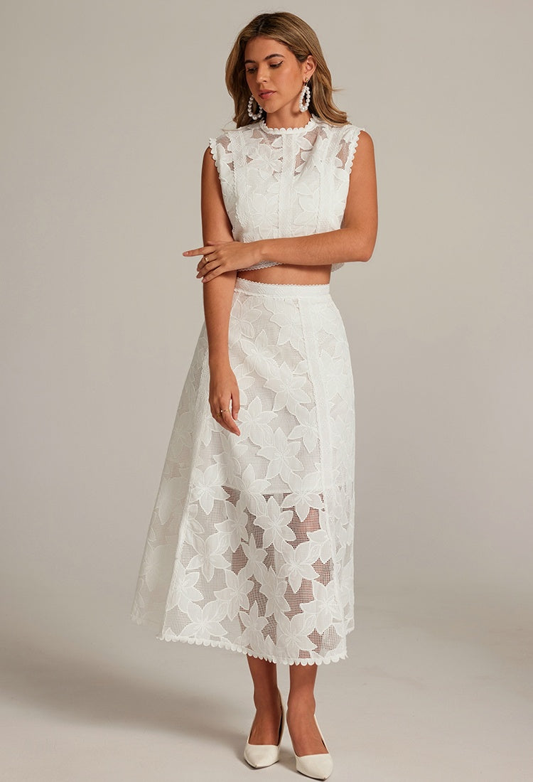 CM-SY034176 Women Elegant European Style Hollow Round Neck Sleeveless Blouse With High Waist Midi Skirt - Set