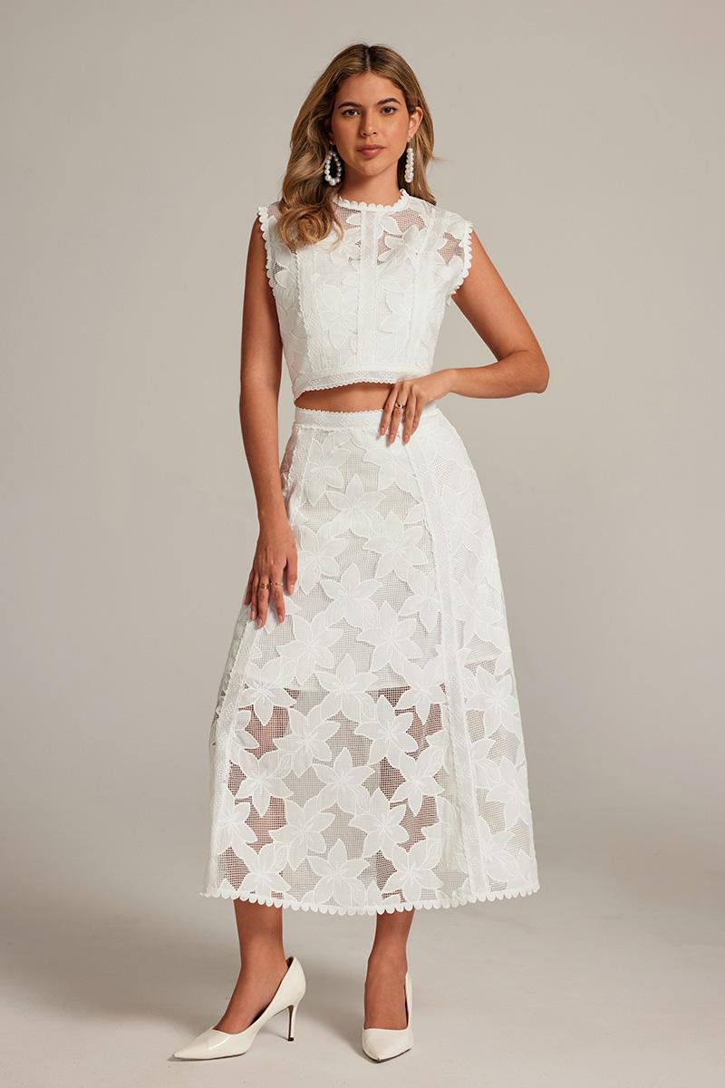 CM-SY034176 Women Elegant European Style Hollow Round Neck Sleeveless Blouse With High Waist Midi Skirt - Set