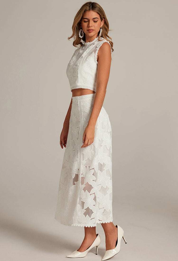 CM-SY034176 Women Elegant European Style Hollow Round Neck Sleeveless Blouse With High Waist Midi Skirt - Set