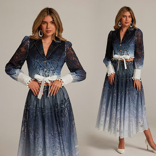 CM-SY034177 Women Elegant European Style Suit Collar Long Sleeve Blouse With High Waist Midi Skirt - Set