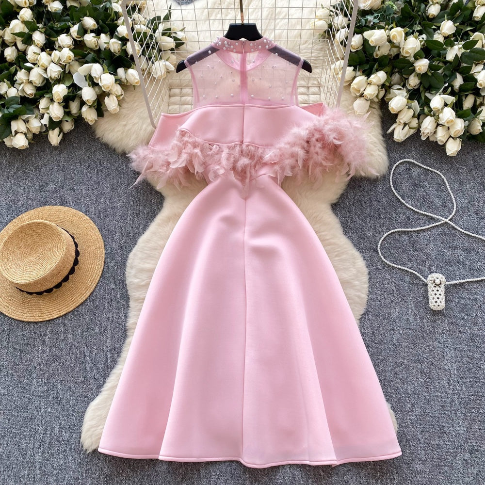 CM-DY034283 Women Elegant European Style Round Neck Short Sleeve Mid-Length Dress - Pink