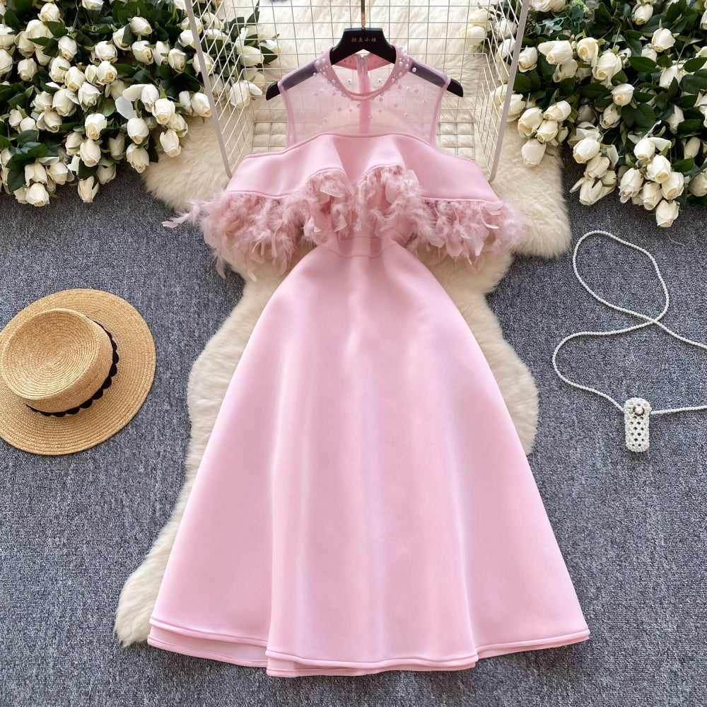 CM-DY034283 Women Elegant European Style Round Neck Short Sleeve Mid-Length Dress - Pink