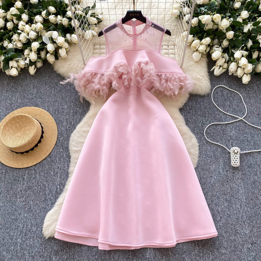 CM-DY034283 Women Elegant European Style Round Neck Short Sleeve Mid-Length Dress - Pink
