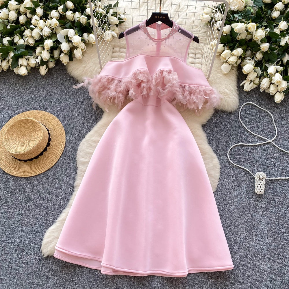 CM-DY034283 Women Elegant European Style Round Neck Short Sleeve Mid-Length Dress - Pink