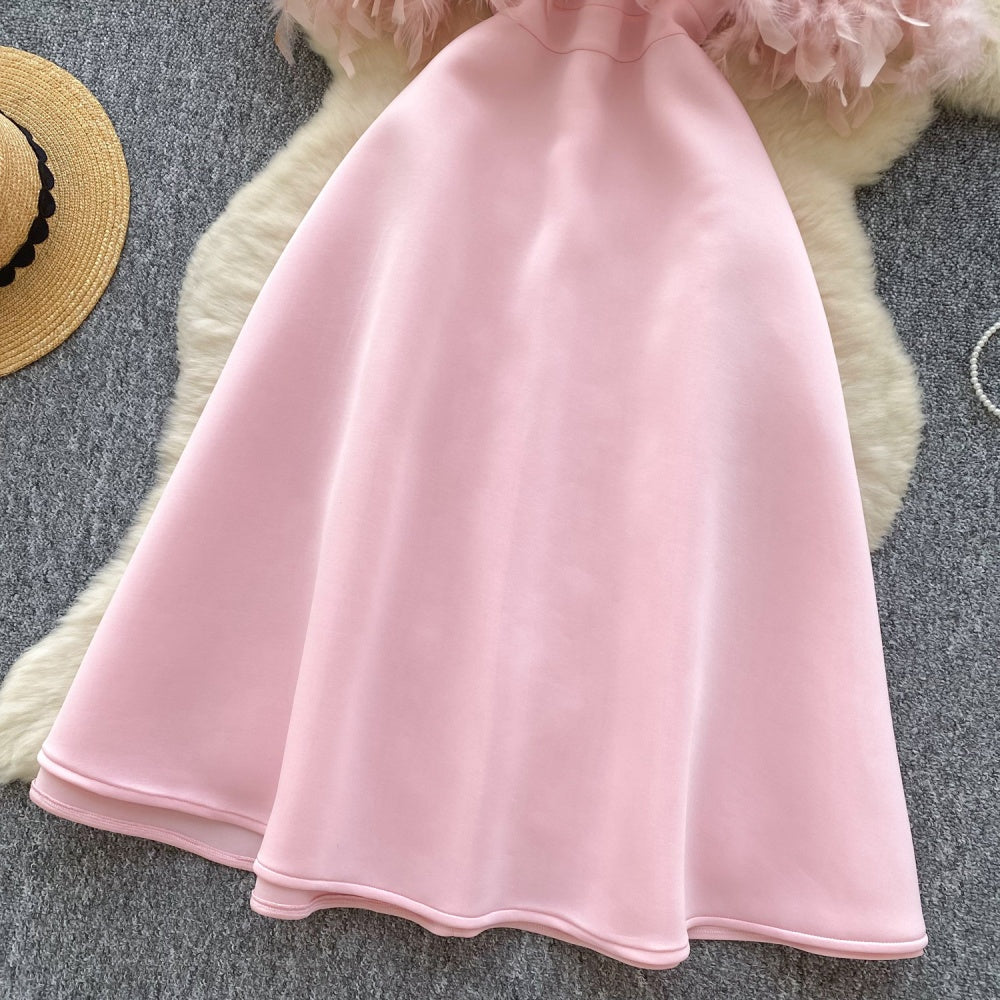CM-DY034283 Women Elegant European Style Round Neck Short Sleeve Mid-Length Dress - Pink