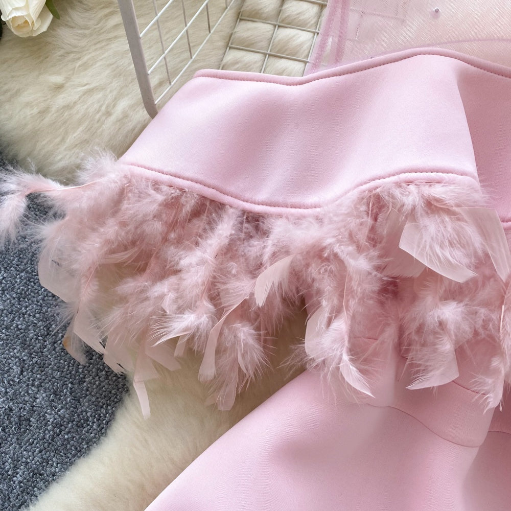 CM-DY034283 Women Elegant European Style Round Neck Short Sleeve Mid-Length Dress - Pink