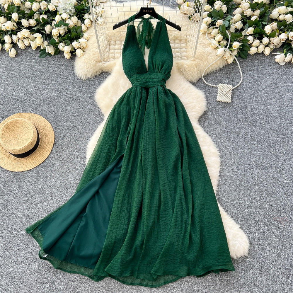 CM-DY034284 Women Elegant Seoul Style Deep V-Neck Sleeveless Pinched Waist Long Dress - Green
