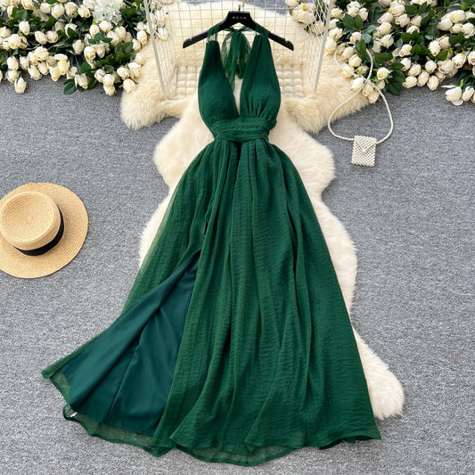 CM-DY034284 Women Elegant Seoul Style Deep V-Neck Sleeveless Pinched Waist Long Dress - Green