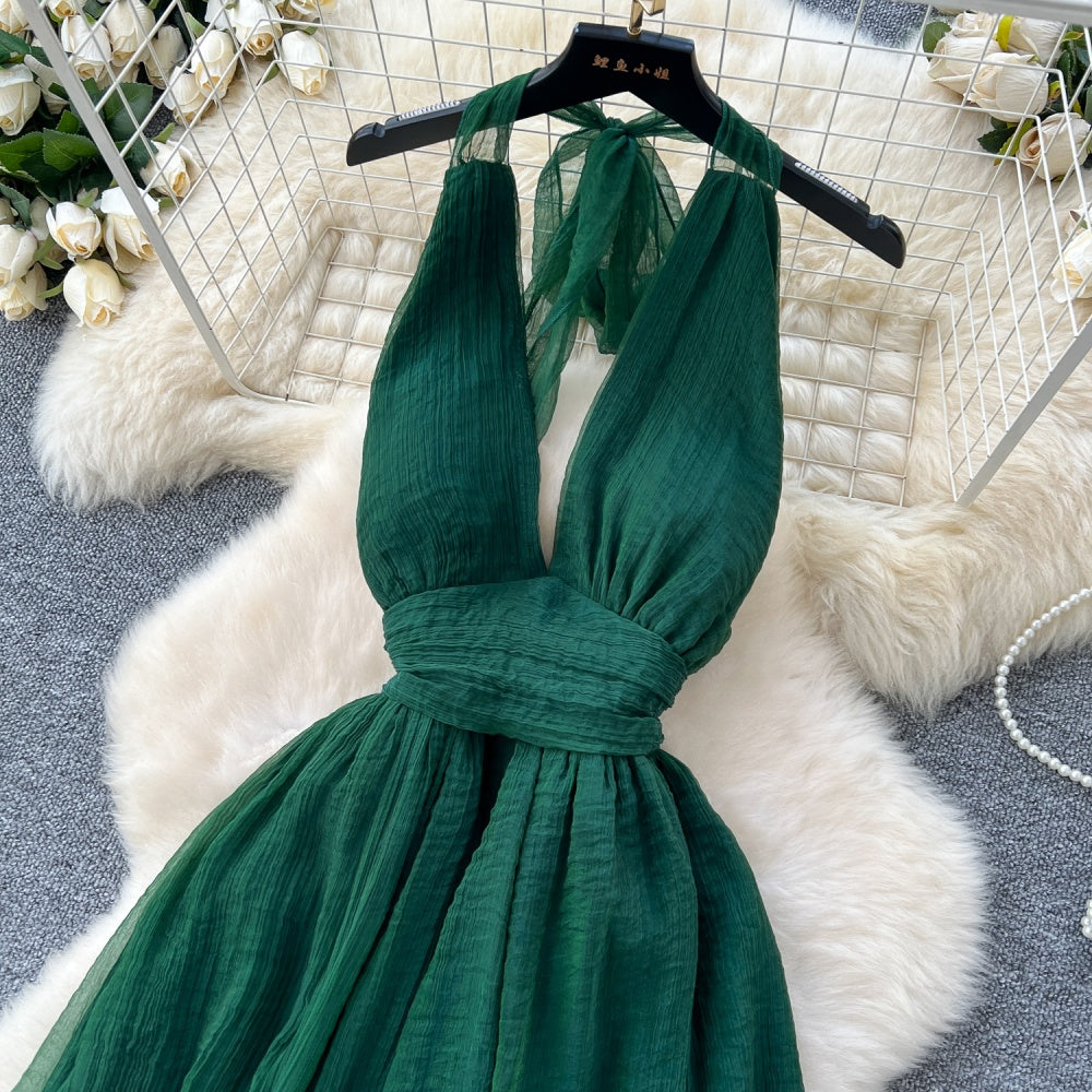 CM-DY034284 Women Elegant Seoul Style Deep V-Neck Sleeveless Pinched Waist Long Dress - Green